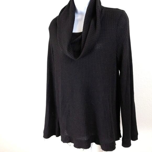 Meadow Rue Cowl Neck Black Waffle Knit Distressed Sweater, Medium - Picture 1 of 8
